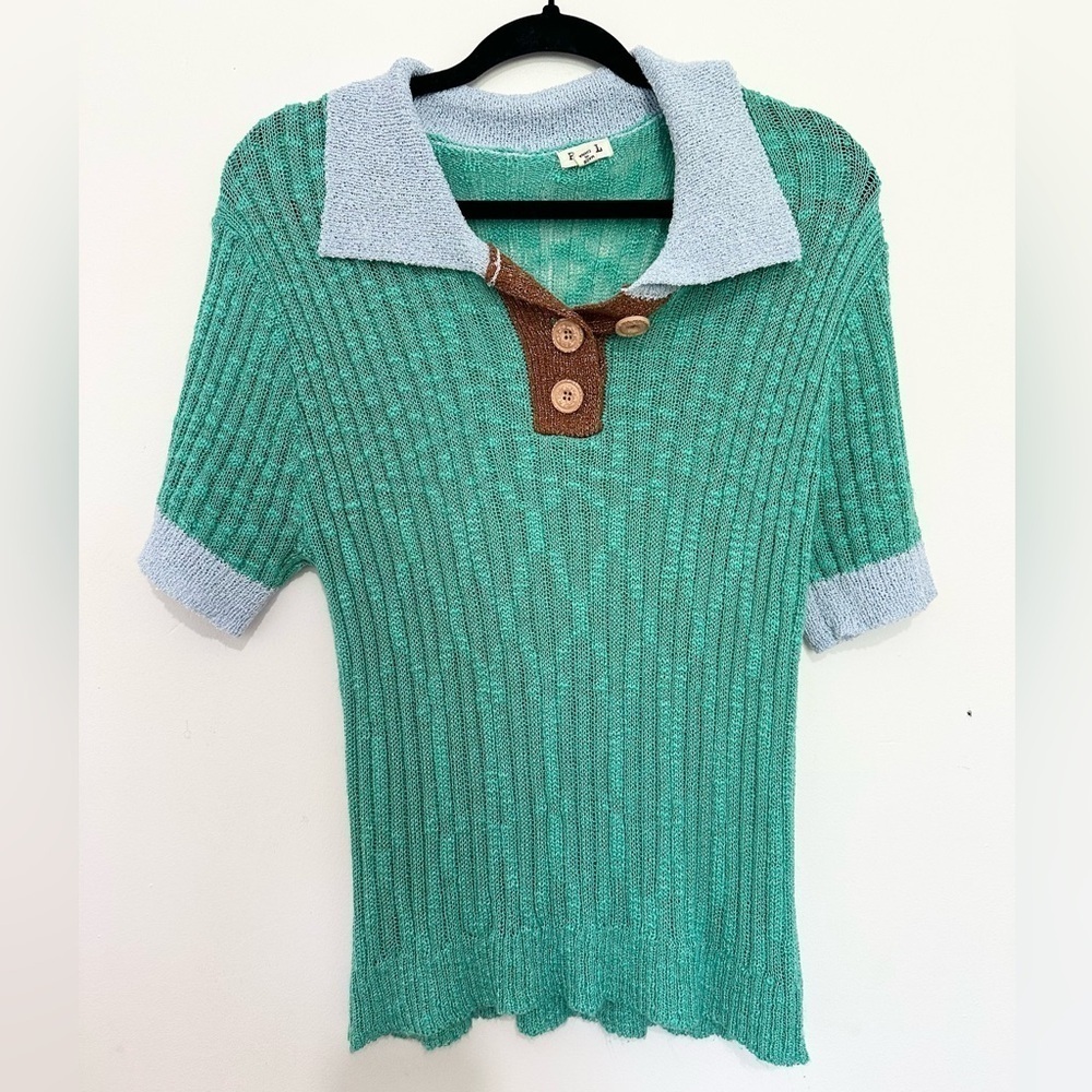 Pol Ribbed Knit Polo Shirt Button Collar Top Sabrina metallic knit top large